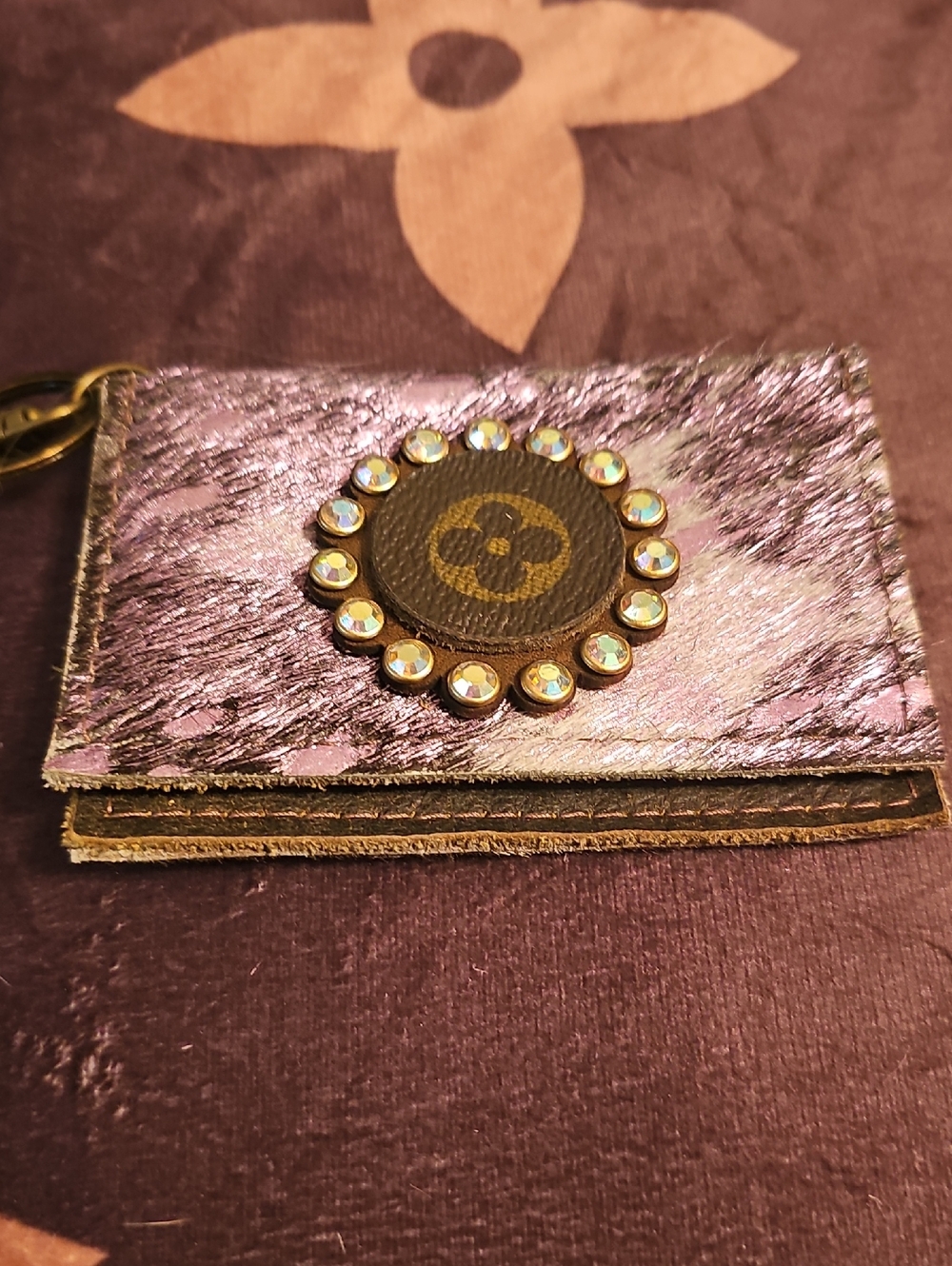 Embellished Purple Leather Card Holder with Logo Medallion Upcycled.